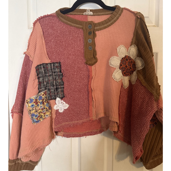 POL Sweaters - Women's POL Pink & Brown Patchwork Crew Neck Sweater S